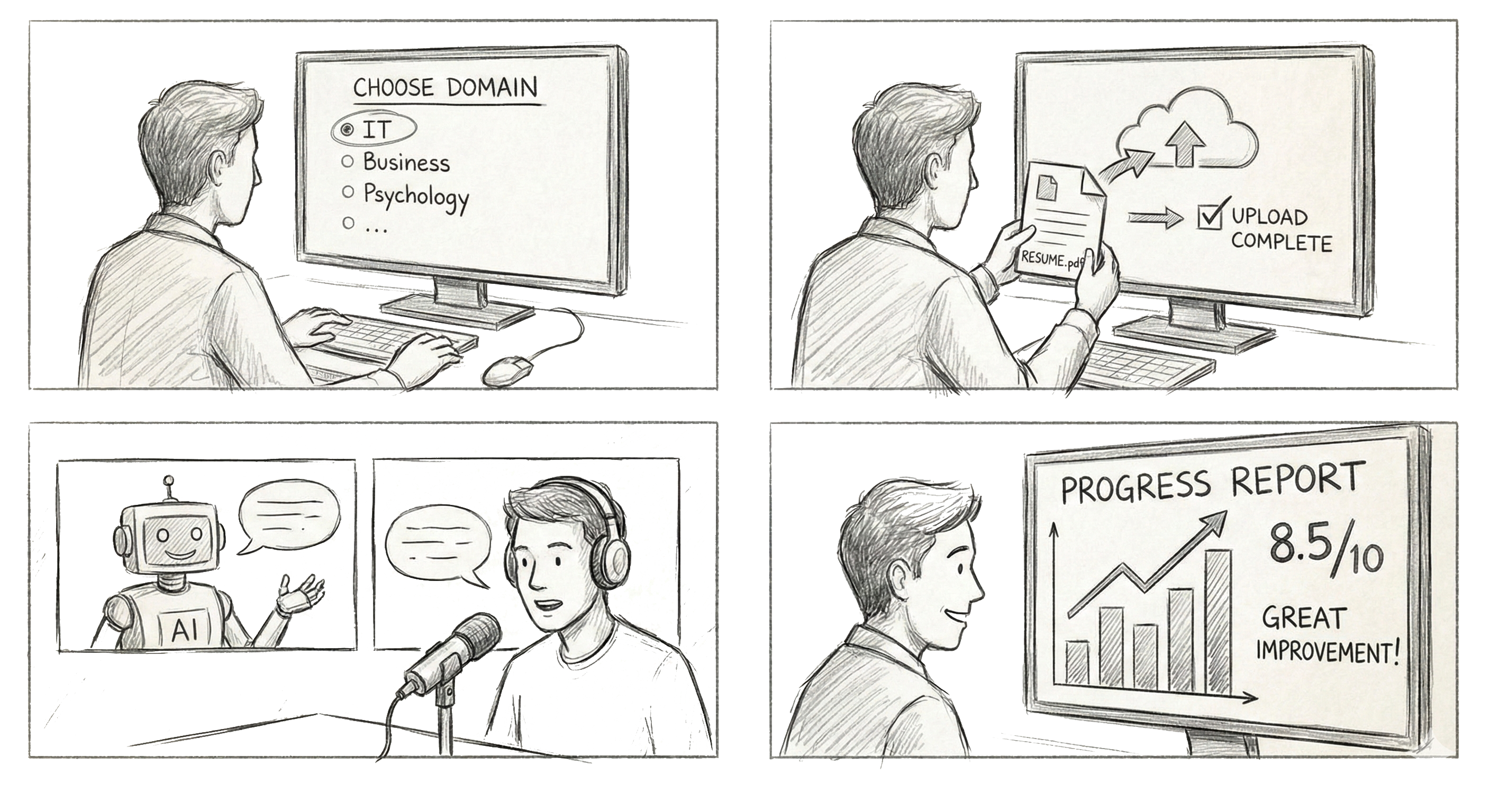 Hand-drawn system architecture diagram with user inputs, generative AI orchestration, custom assistants and scoring agents.