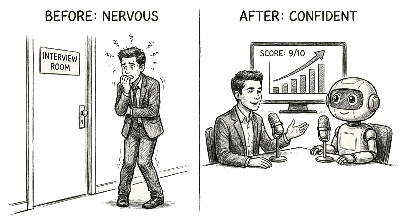 Before and after pencil sketch: a nervous candidate outside an interview room and the same person confidently speaking to an AI robot interviewer with rising score charts behind them.