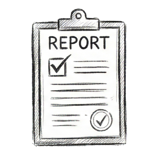 Pencil sketch of a report sheet with a checkmark.